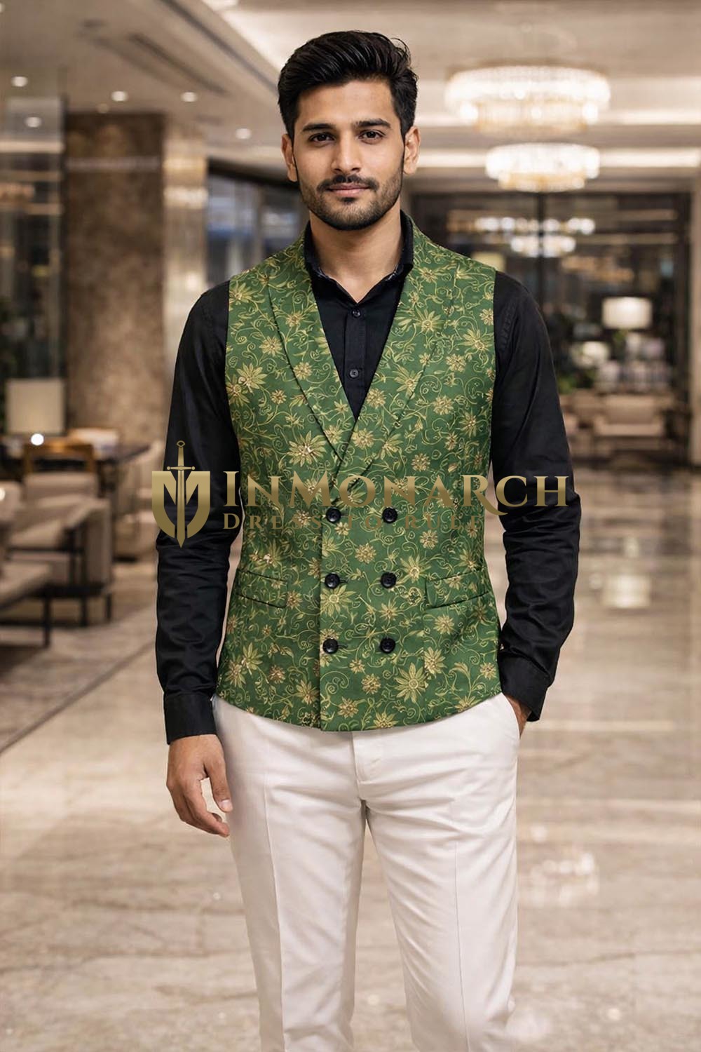 Mens Green Floral Double Breasted Suit Vest Tailored Wedding Waistcoat