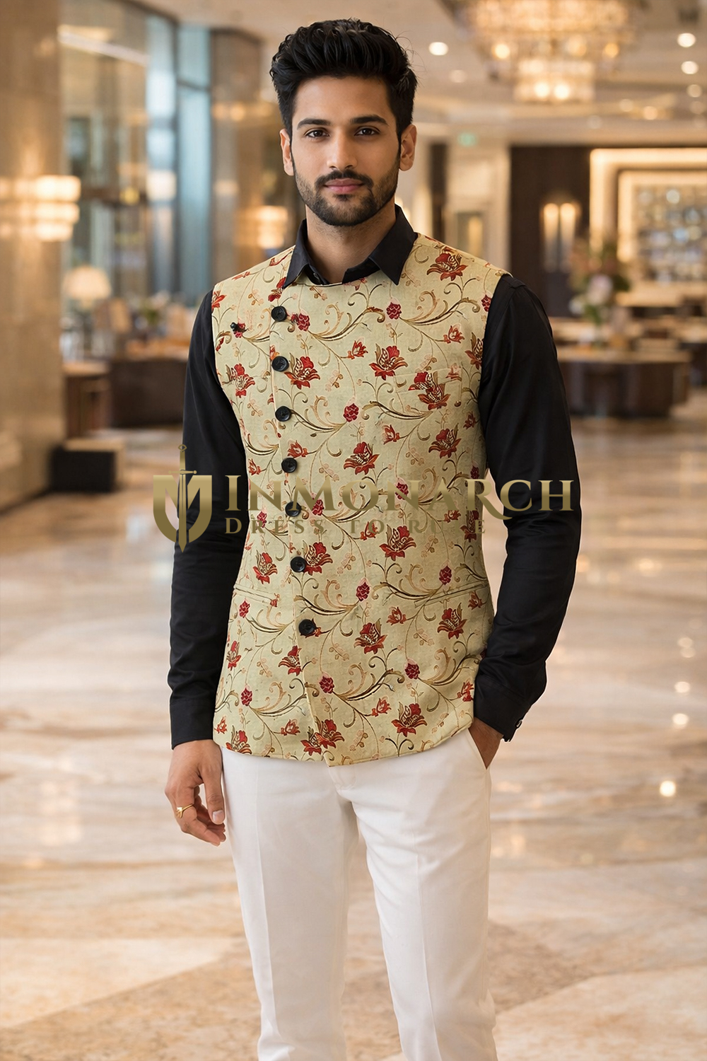 Mens Yellow Floral Angrakha Suit Vest Tailored Wedding Waistcoat Look