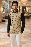 Mens Yellow Floral Angrakha Suit Vest Tailored Wedding Waistcoat Look