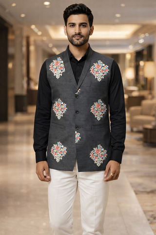 Mens Black Floral Motif Shawl Lapel Suit Vest Tailored Wedding Waistcoat