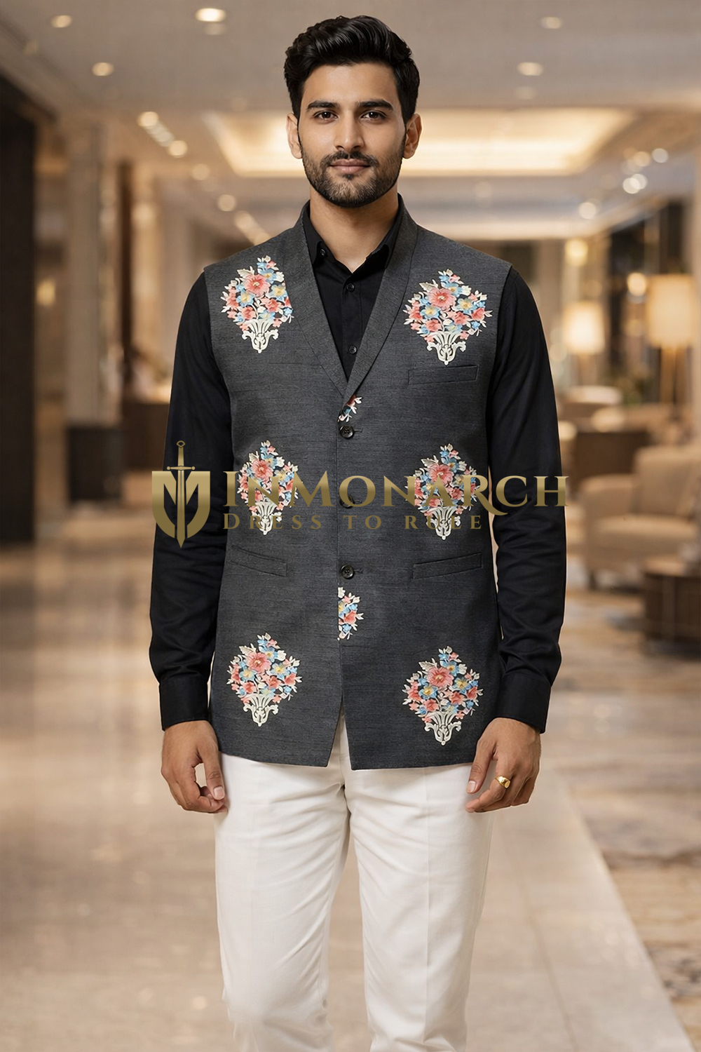 Mens Black Floral Motif Shawl Lapel Suit Vest Tailored Wedding Waistcoat