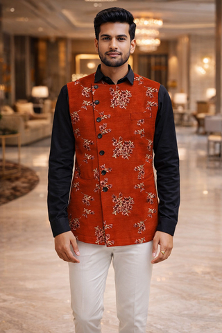 Mens Red Floral Embroidered Angrakha Suit Vest Tailored Wedding Waistcoat