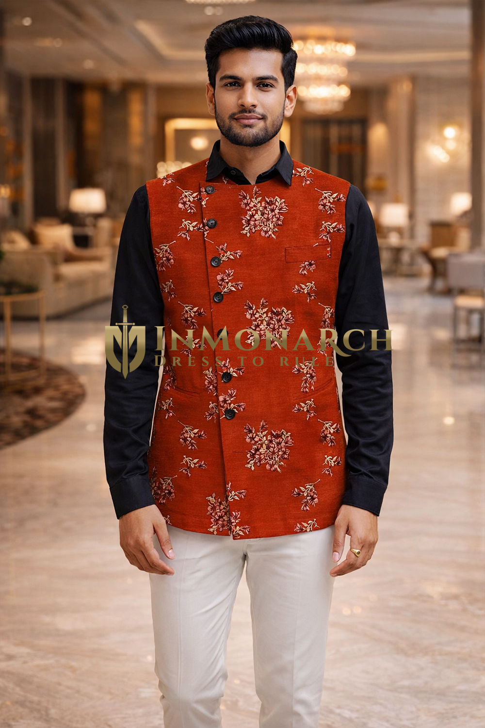 Mens Red Floral Embroidered Angrakha Suit Vest Tailored Wedding Waistcoat