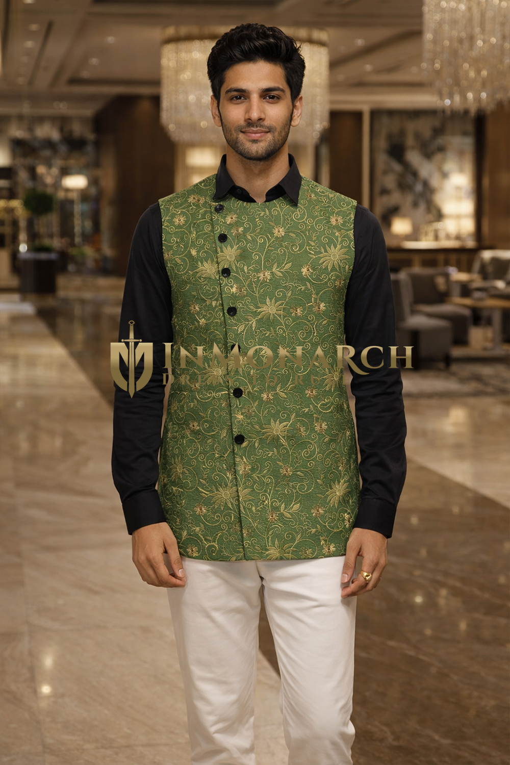 Mens Green Angrakha Suit Vest Tailored Wedding Waistcoat Formal Style