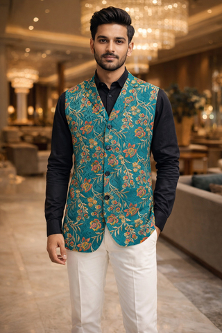 Mens Teal Floral Notch Lapel Suit Vest Tailored Wedding Waistcoat Look