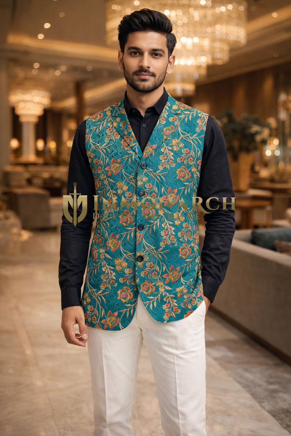Mens Teal Floral Notch Lapel Suit Vest Tailored Wedding Waistcoat Look