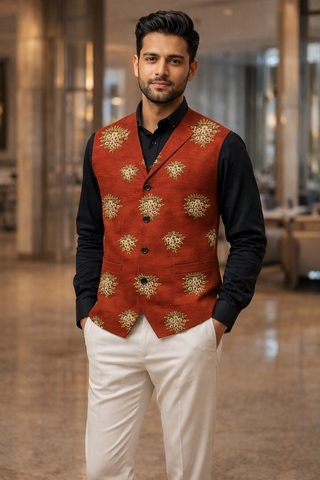 Mens Red Floral Embroidered Suit Vest Wedding Designer Waistcoat Formal