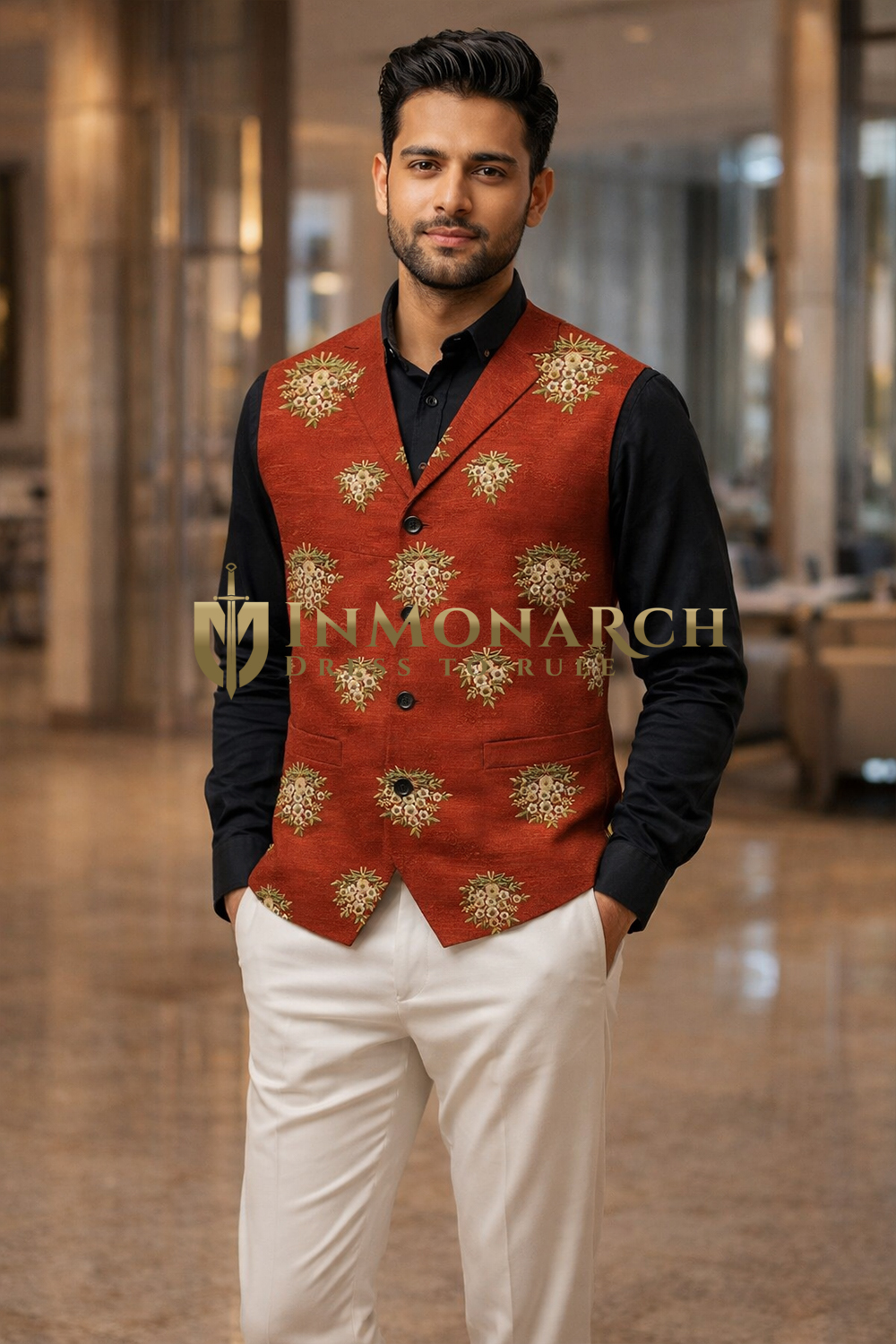 Mens Red Floral Embroidered Suit Vest Wedding Designer Waistcoat Formal