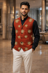 Mens Red Floral Embroidered Suit Vest Wedding Designer Waistcoat Formal