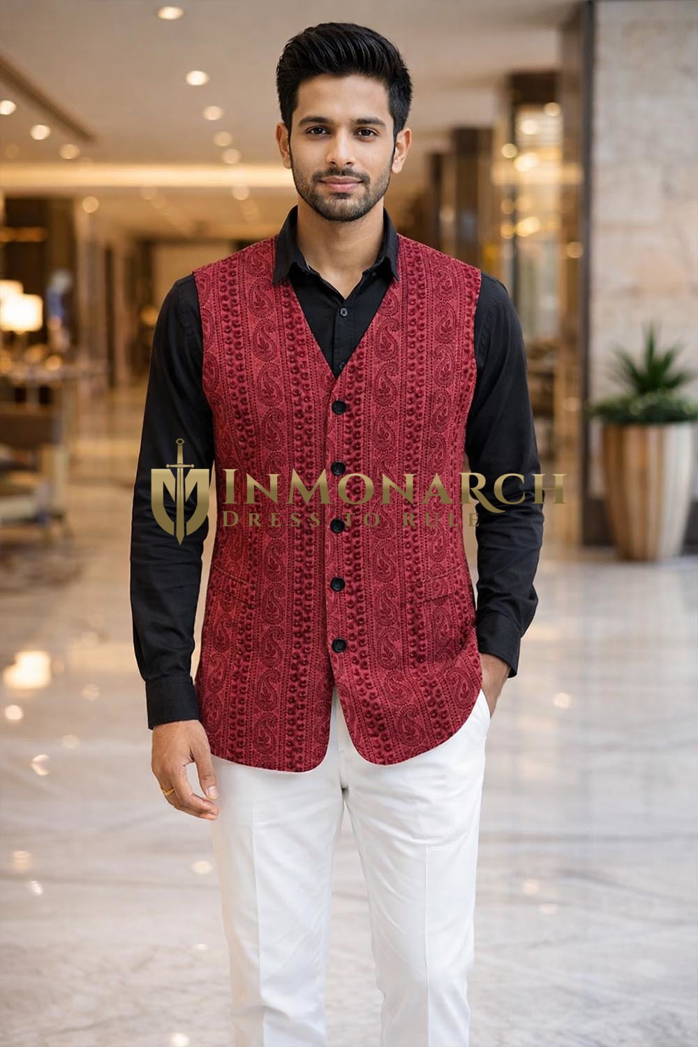 Mens Red Embroidered V Neck Suit Vest Designer Wedding Waistcoat Formal