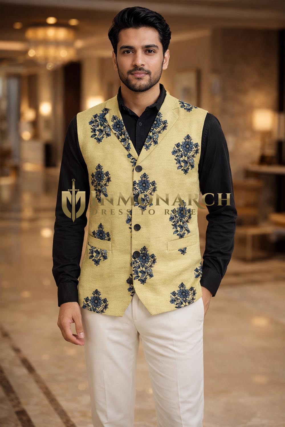 Mens Yellow Floral Embroidered Suit Vest Wedding Designer Waistcoat Formal