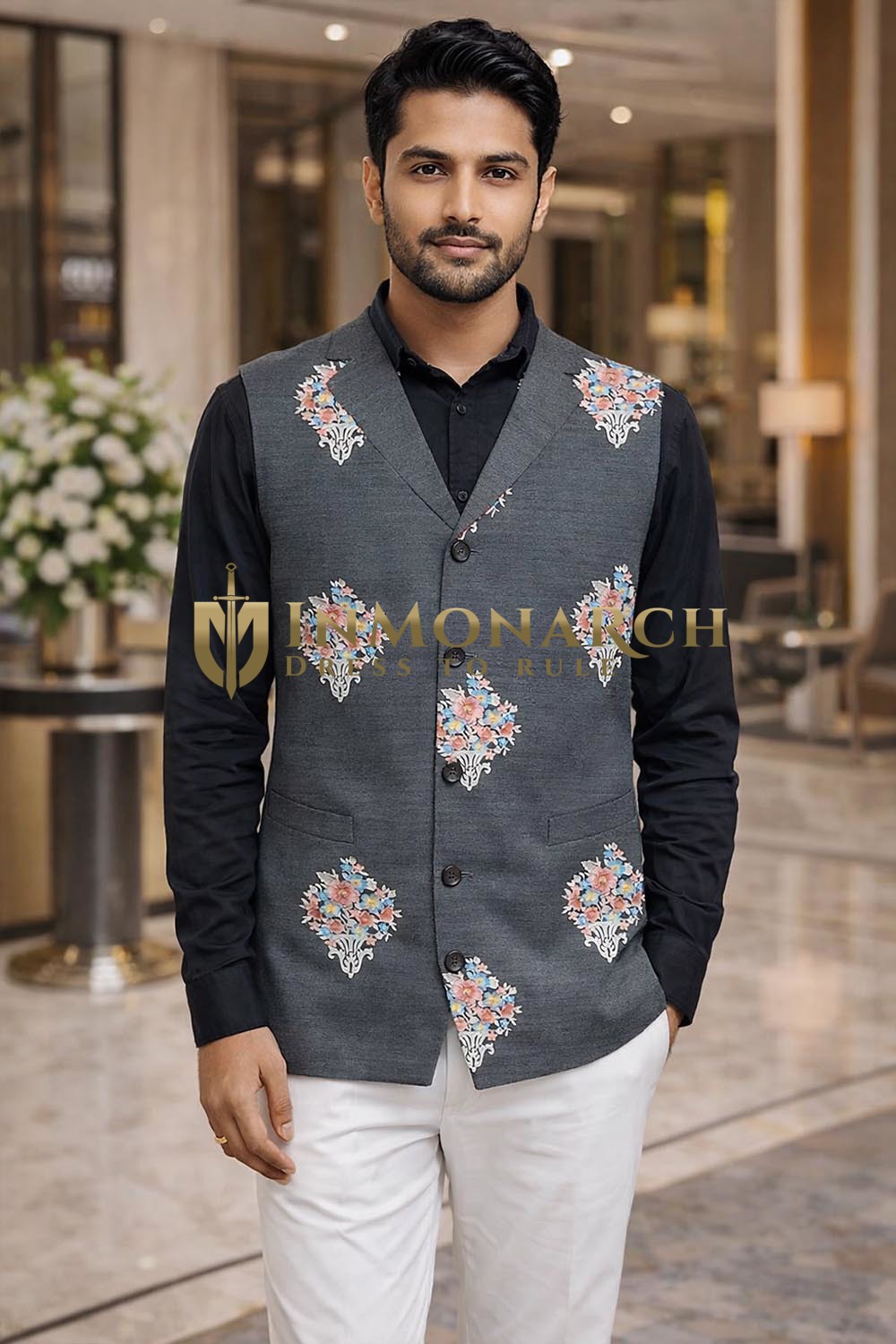 Mens Black Floral Motif Embroidered Suit Vest Wedding Designer Waistcoat