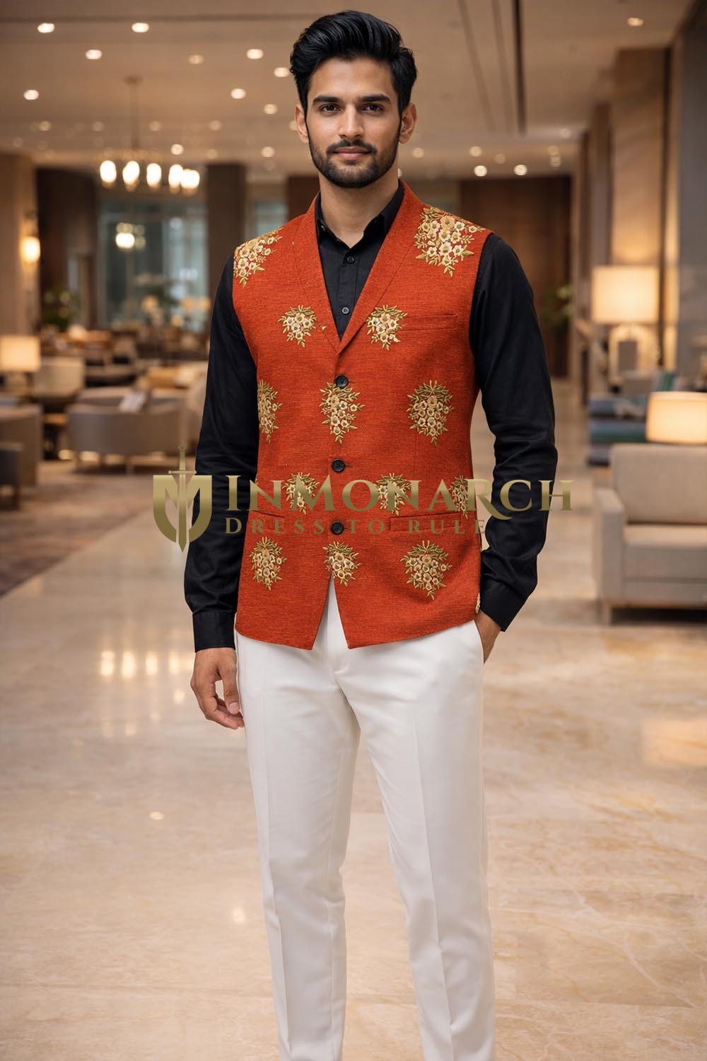 Mens Red Floral Embroidered Shawl Lapel Suit Vest Wedding Waistcoat