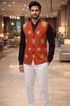 Mens Red Floral Embroidered Shawl Lapel Suit Vest Wedding Waistcoat