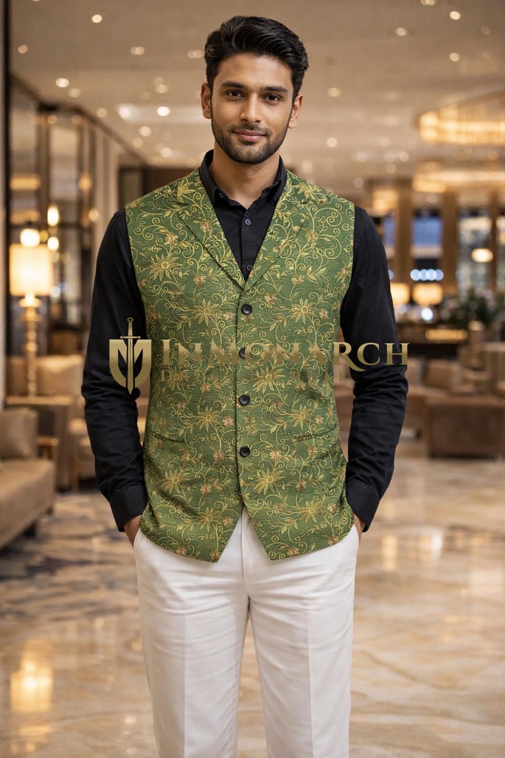 Mens Green Floral Notch Lapel Suit Vest Wedding Designer Waistcoat