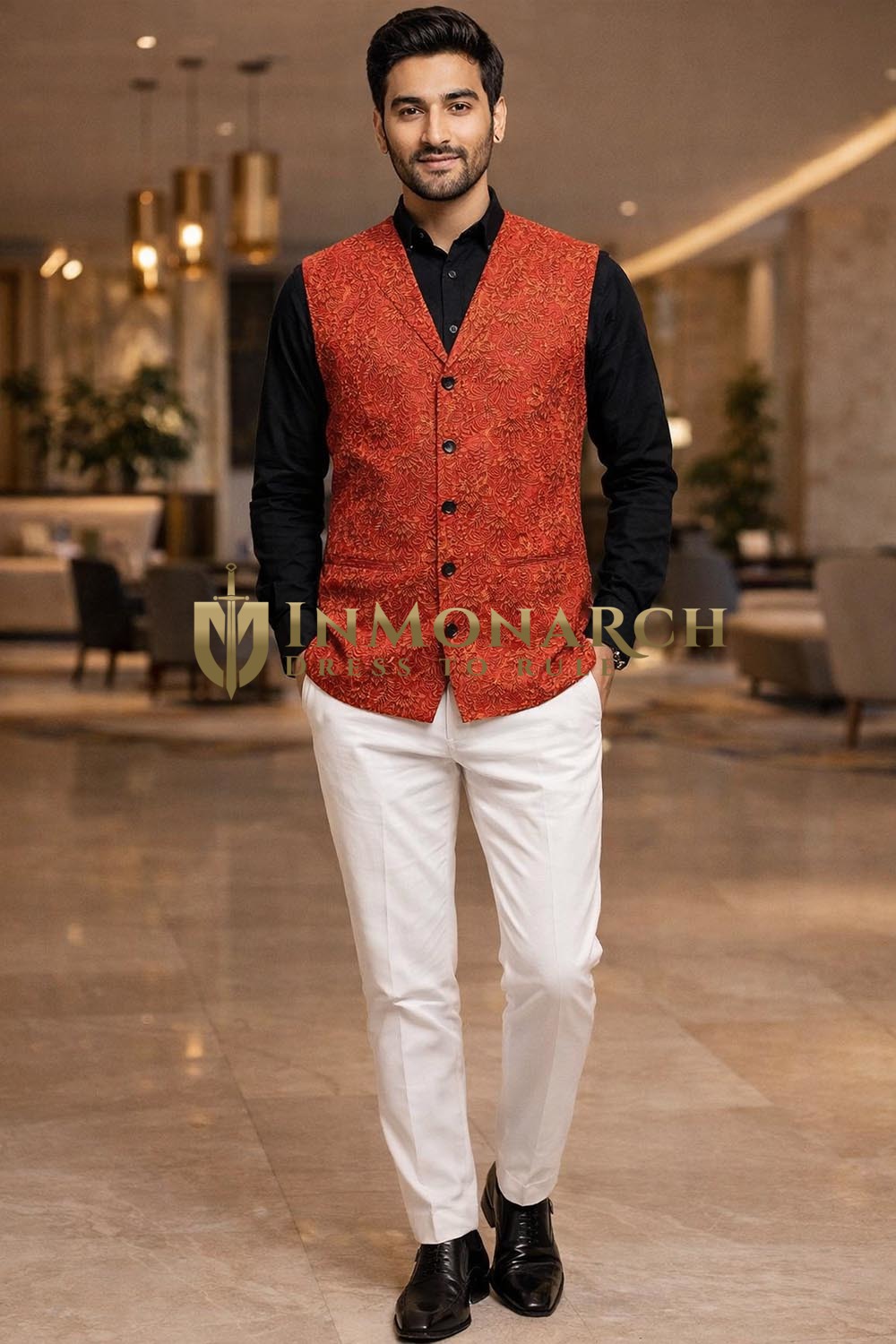 Mens Red Floral Leaf Embroidered Suit Vest Wedding Designer Waistcoat