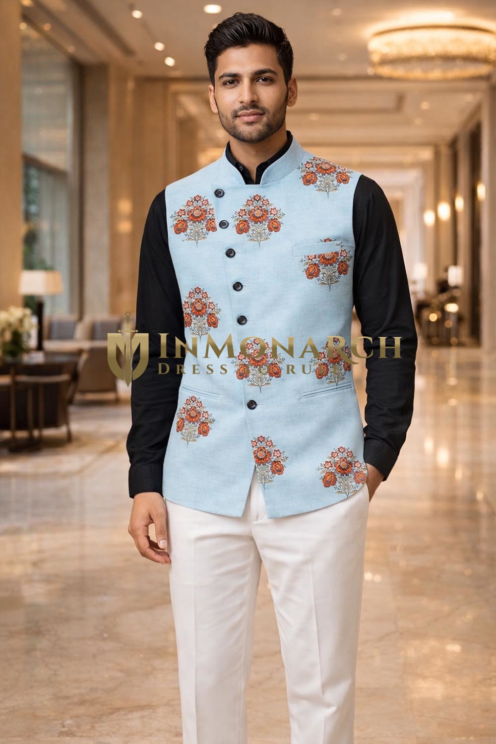 Mens Blue Floral Motif Angrakha Suit Vest Wedding Designer Waistcoat