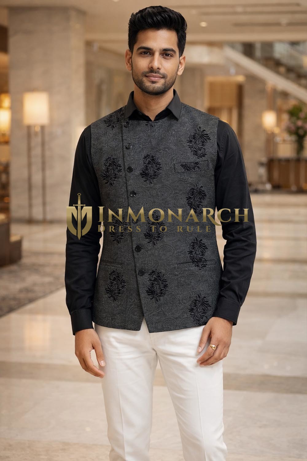 Mens Black Floral Angrakha Suit Vest Wedding Designer Waistcoat