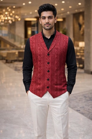 Gilet rouge brodé motif cachemire