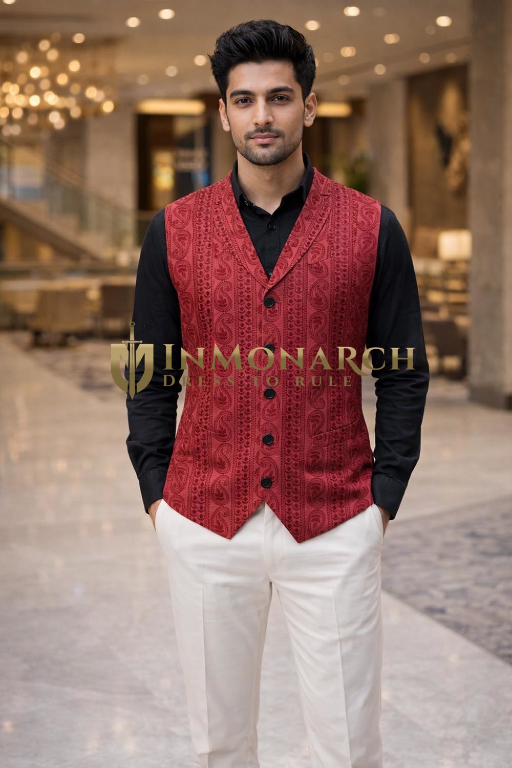 Mens Red Paisley Embroidered Notch Lapel Suit Vest Wedding Waistcoat