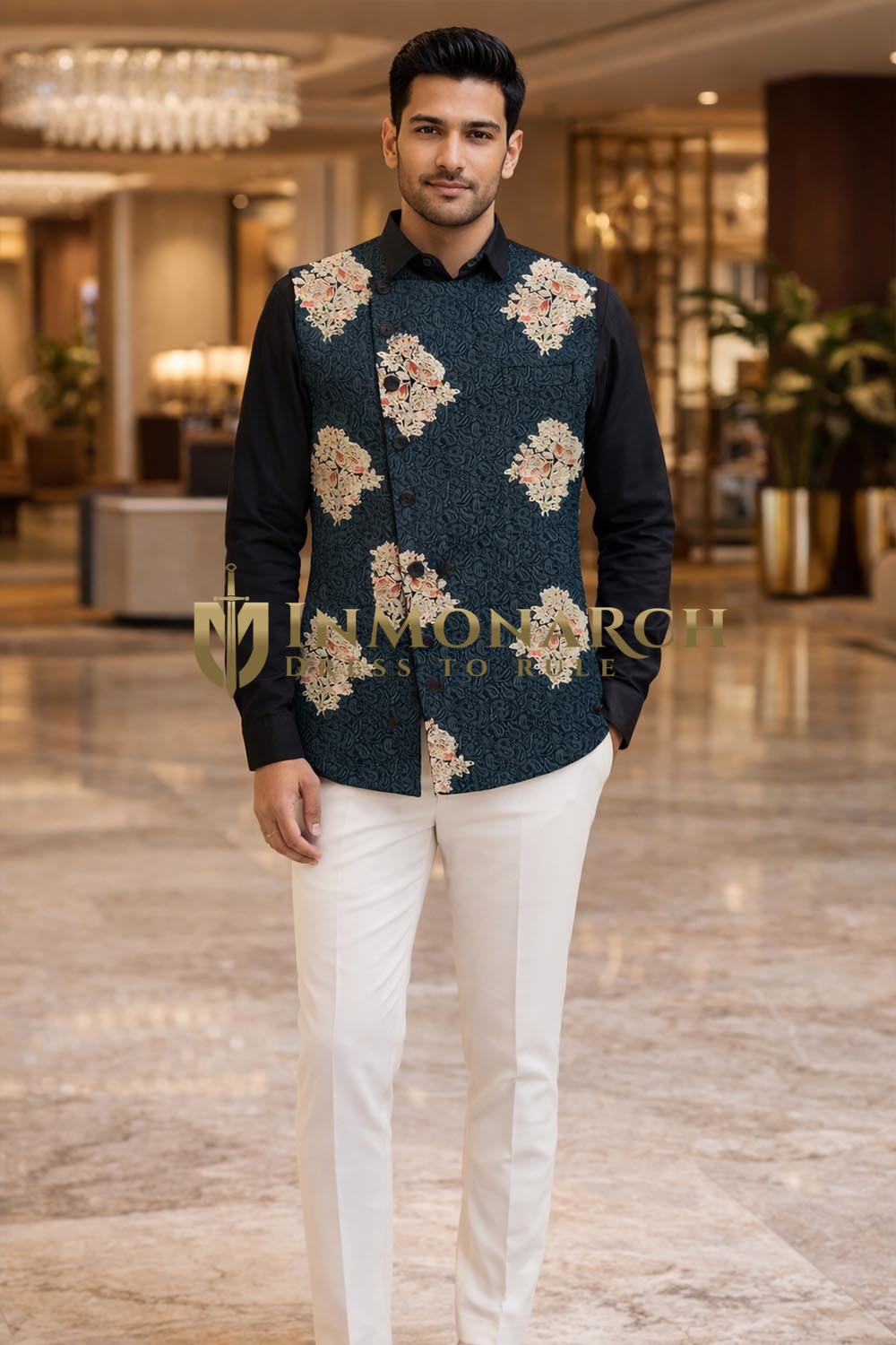 Mens Black Floral Designer Angrakha Vest Wedding Statement Waistcoat