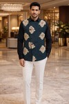 Mens Black Floral Designer Angrakha Vest Wedding Statement Waistcoat