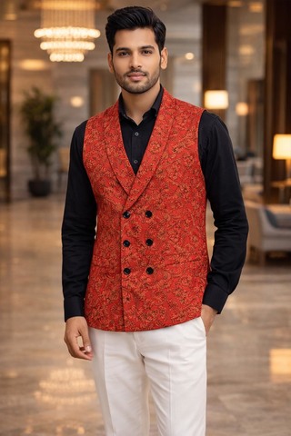 Mens Red Floral Embroidered Double Breasted Suit Vest Wedding Waistcoat