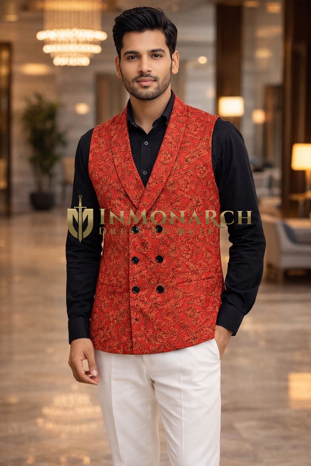 Mens Red Floral Embroidered Double Breasted Suit Vest Wedding Waistcoat