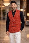 Mens Red Floral Embroidered Double Breasted Suit Vest Wedding Waistcoat