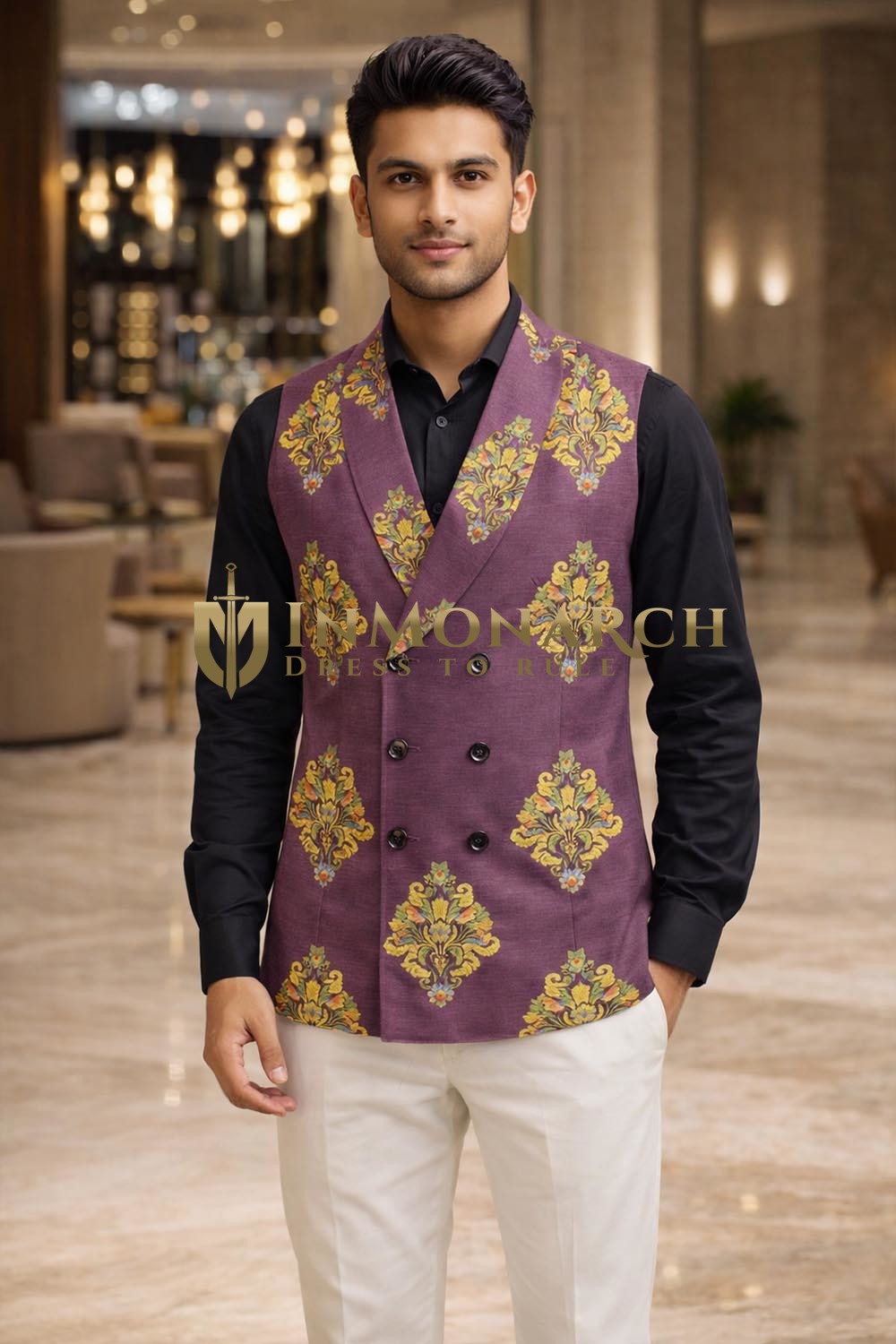 Mens Purple Floral Embroidered Peak Lapel Suit Vest Wedding Waistcoat