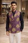 Mens Purple Floral Embroidered Peak Lapel Suit Vest Wedding Waistcoat