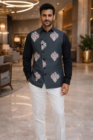 Mens Black Floral Motif Angrakha Suit Vest Wedding Designer Waistcoat