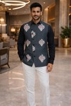 Mens Black Floral Motif Angrakha Suit Vest Wedding Designer Waistcoat