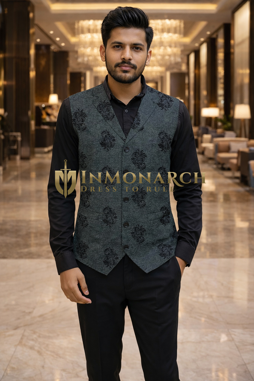 Mens Black Floral Notch Lapel Suit Vest Designer Wedding Waistcoat