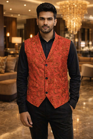 Gilet homme rouge à motifs floraux