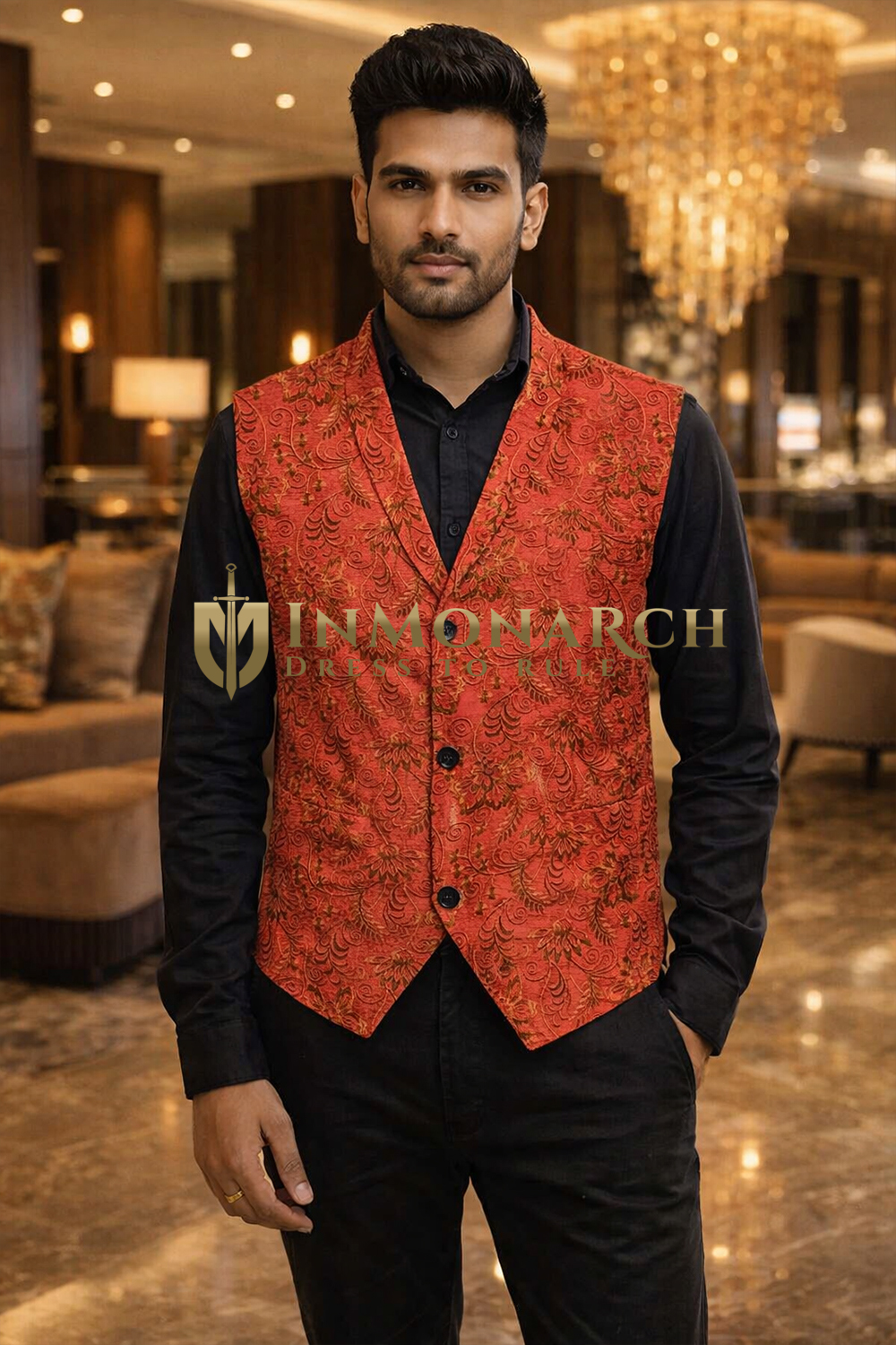 Gilet homme rouge à motifs floraux