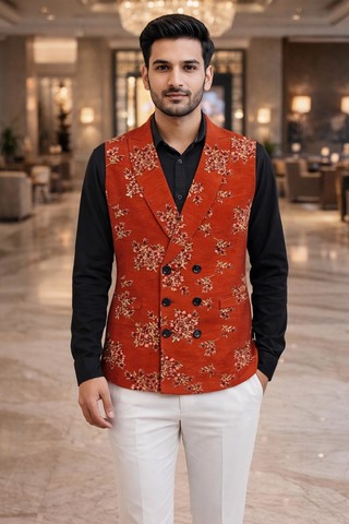 Mens Red Embroidered Peak Lapel Designer Suit Vest Wedding Waistcoat