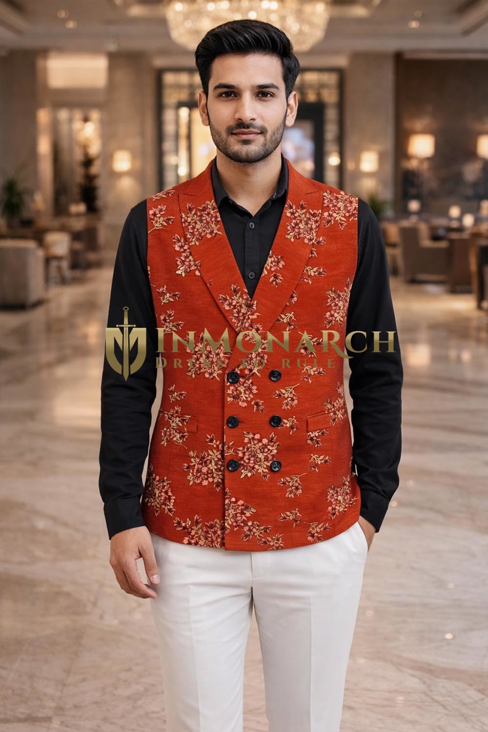 Mens Red Embroidered Peak Lapel Designer Suit Vest Wedding Waistcoat