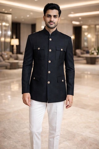 Veste safari Nehru en tweed noir