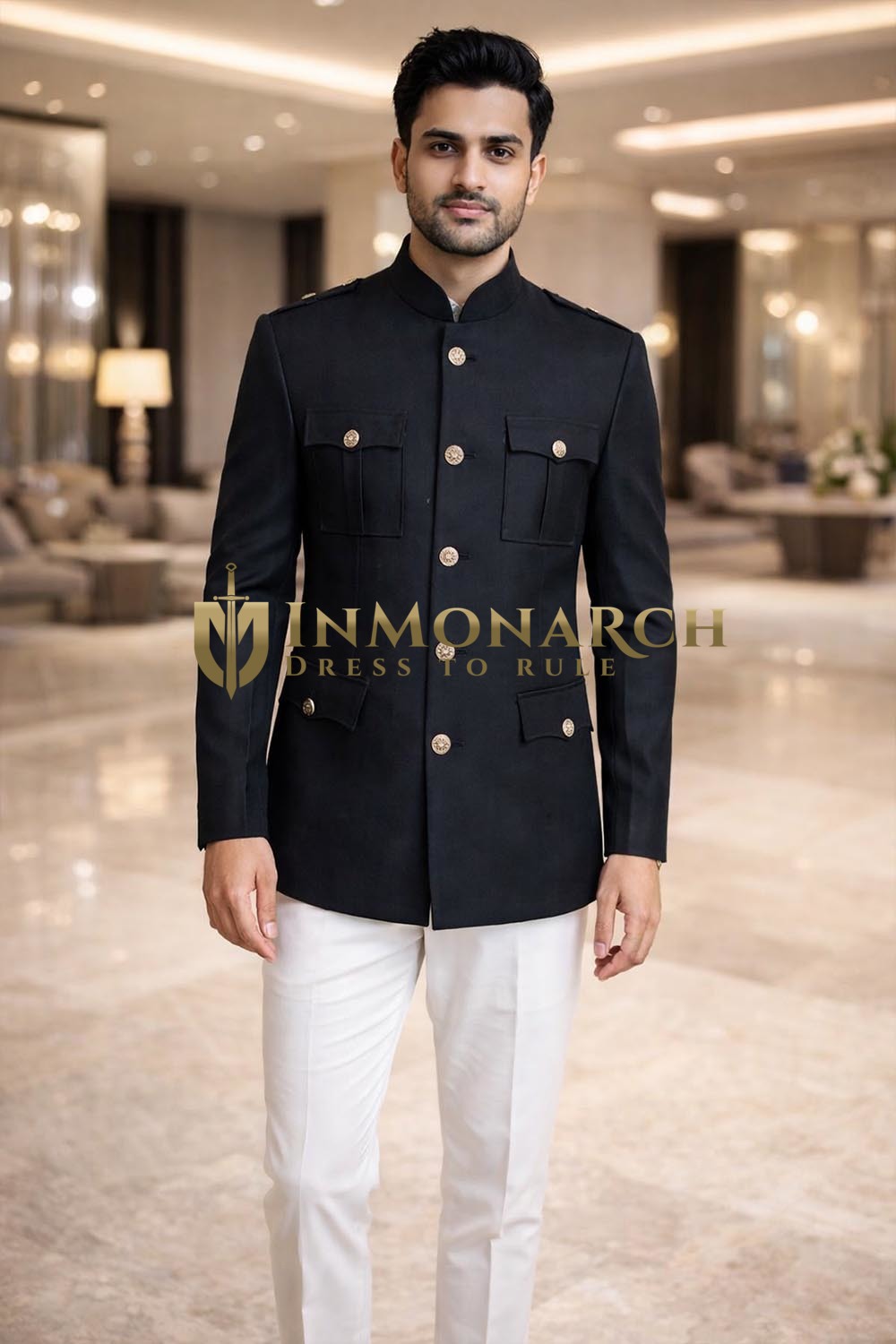 Veste safari Nehru en tweed noir