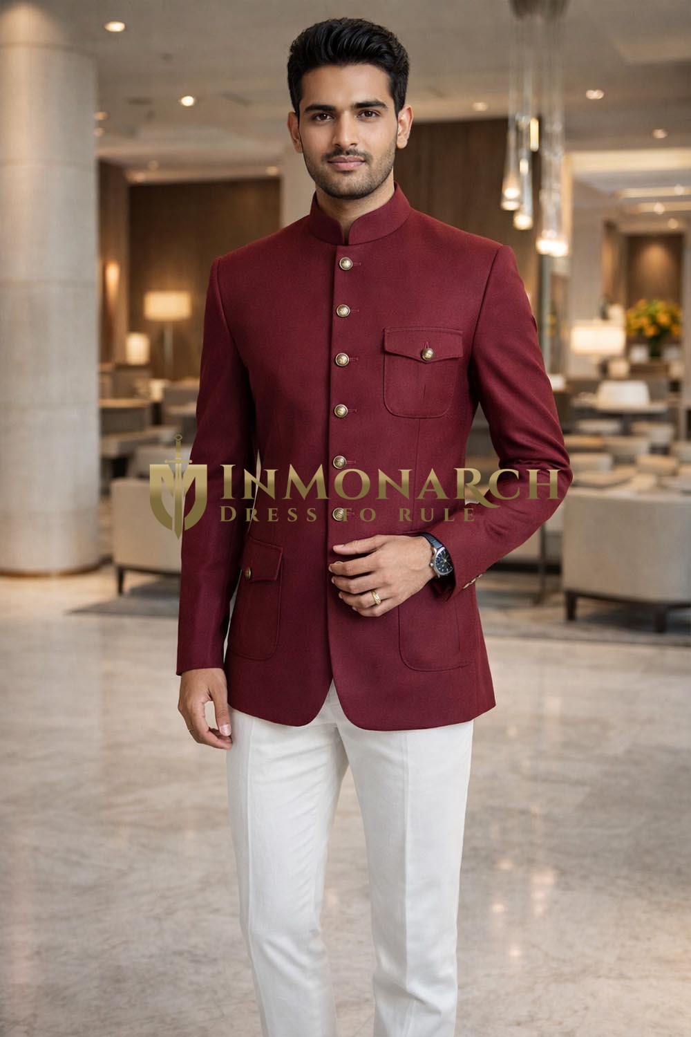 Mens Maroon Tweed Nehru Safari Jacket Classic Band Collar Designer Coat