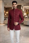 Mens Maroon Tweed Nehru Safari Jacket Classic Band Collar Designer Coat