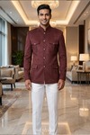 Mens Wine Nehru Safari Jacket 5 Button Designer Wedding Band Collar Coat