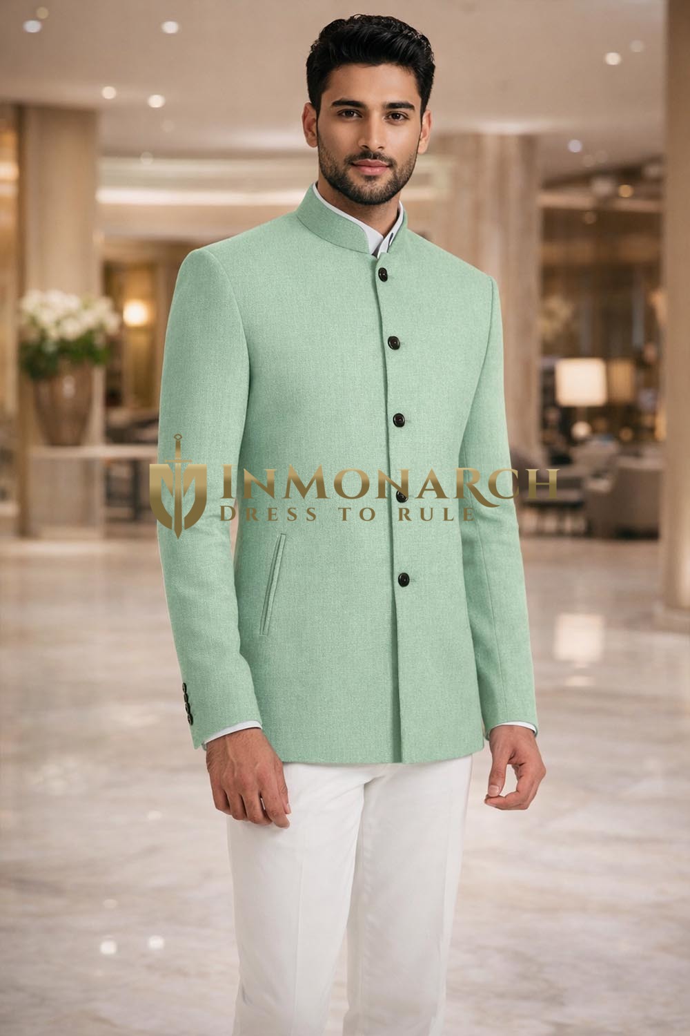 Mens Green Linen Nehru Coat Handcrafted Designer Band Collar Jacket