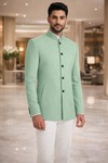 Mens Green Linen Nehru Coat Handcrafted Designer Band Collar Jacket