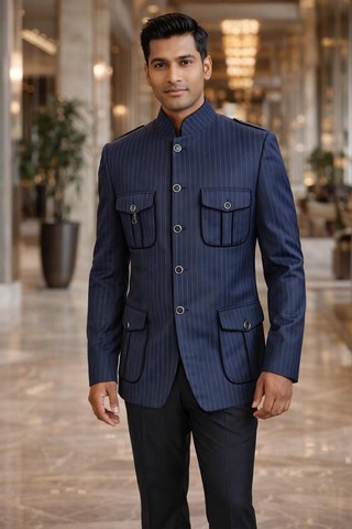 Veste safari bleu col mao dîner