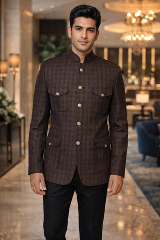 Veste Nehru safari tweed marron
