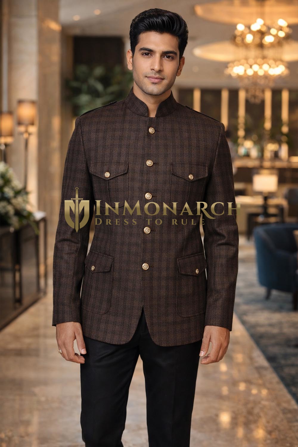 Chaqueta safari Nehru lana marrón