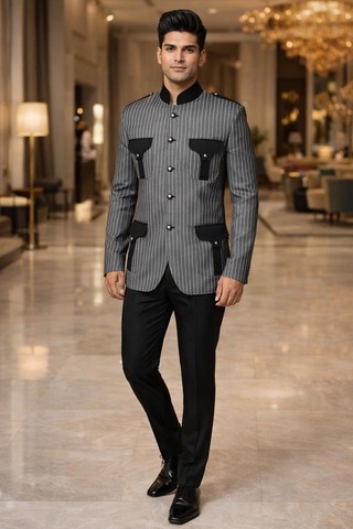 Blazer gris rayé poches à rabat