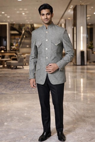 Veste Nehru grise lin 5 boutons classique